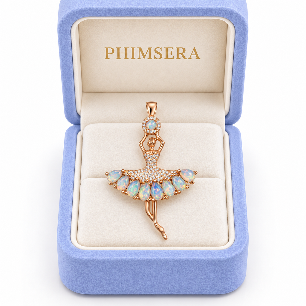 Phimsera natural fire opal ballerina pendant presented in a jewelry gift box
