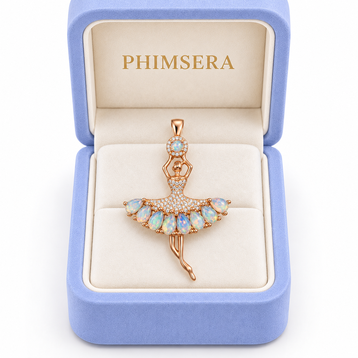 Phimsera natural fire opal ballerina pendant presented in a jewelry gift box