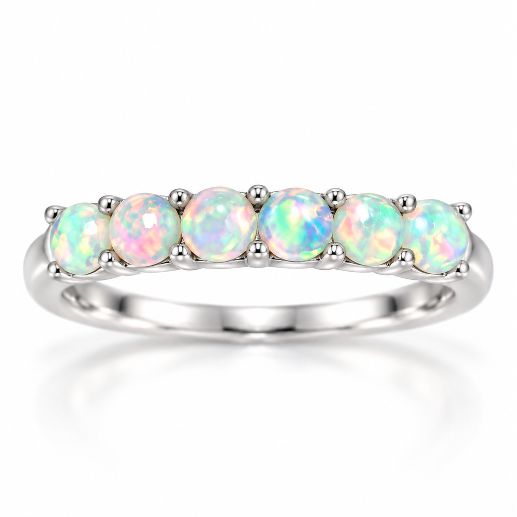 Natural fire opal band ring with six 3mm round opals in 925 sterling silver