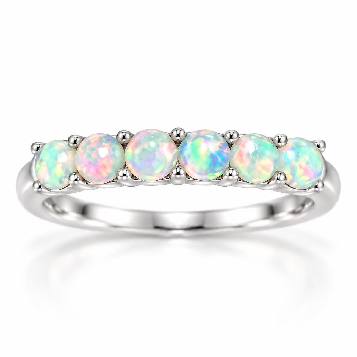 Natural fire opal band ring with six 3mm round opals in 925 sterling silver