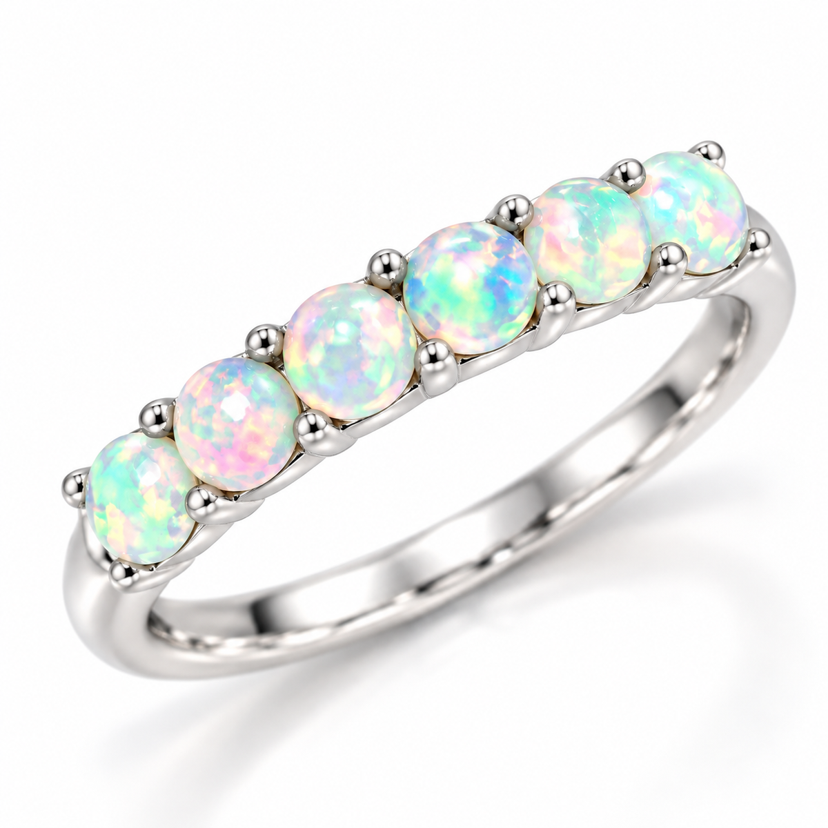 Three-quarter view of natural fire opal stackable band ring with six round gemstones