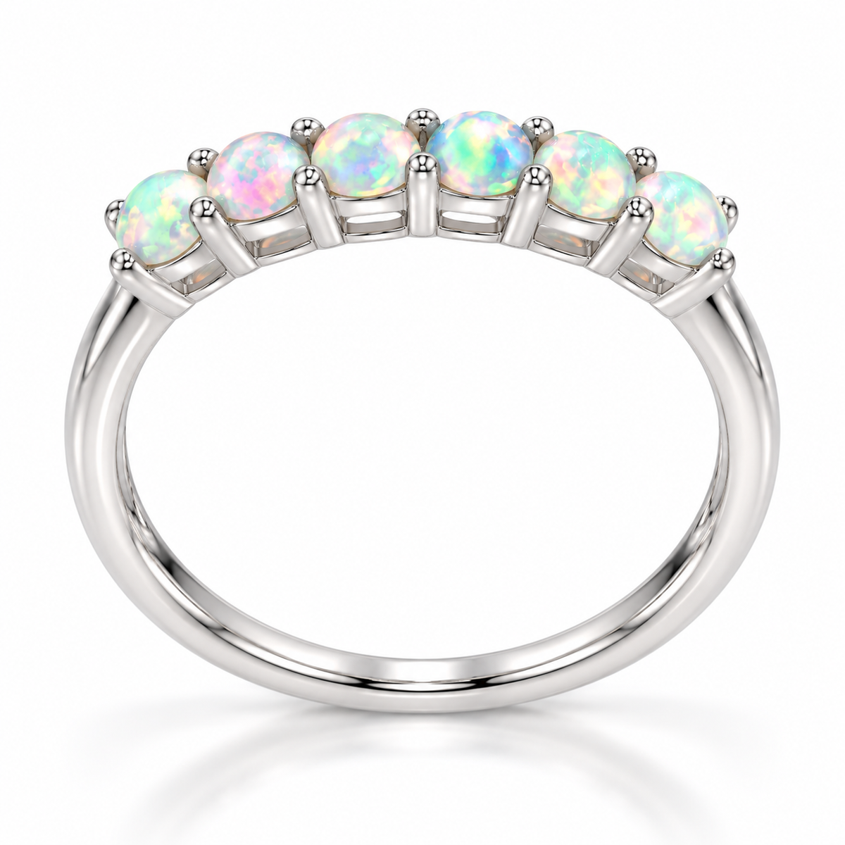 Side detail of six-stone natural fire opal band ring in platinum plated sterling silver