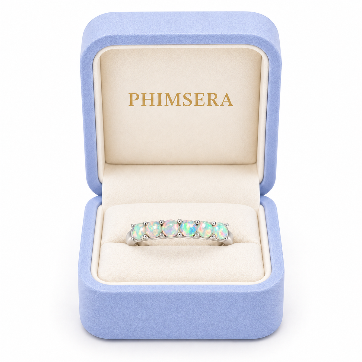 Phimsera natural fire opal band ring presented in a luxury jewelry gift box