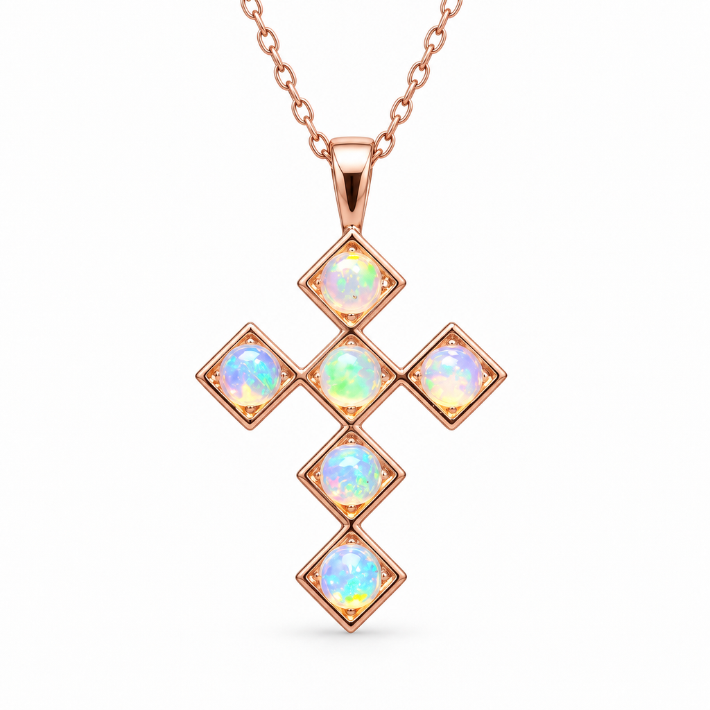 Natural fire opal cross necklace with five 4mm round gemstones in 925 sterling silver