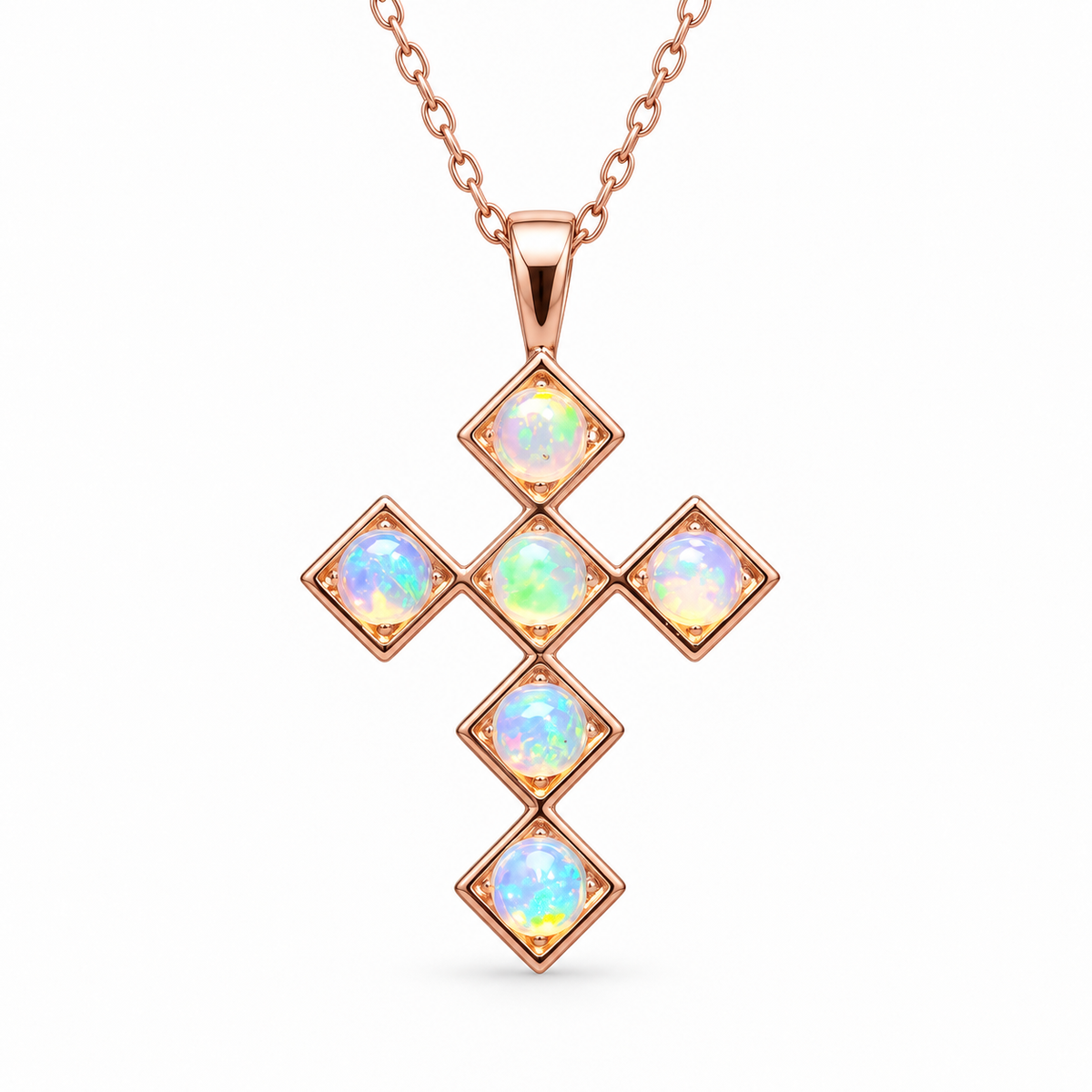 Natural fire opal cross necklace with five 4mm round gemstones in 925 sterling silver