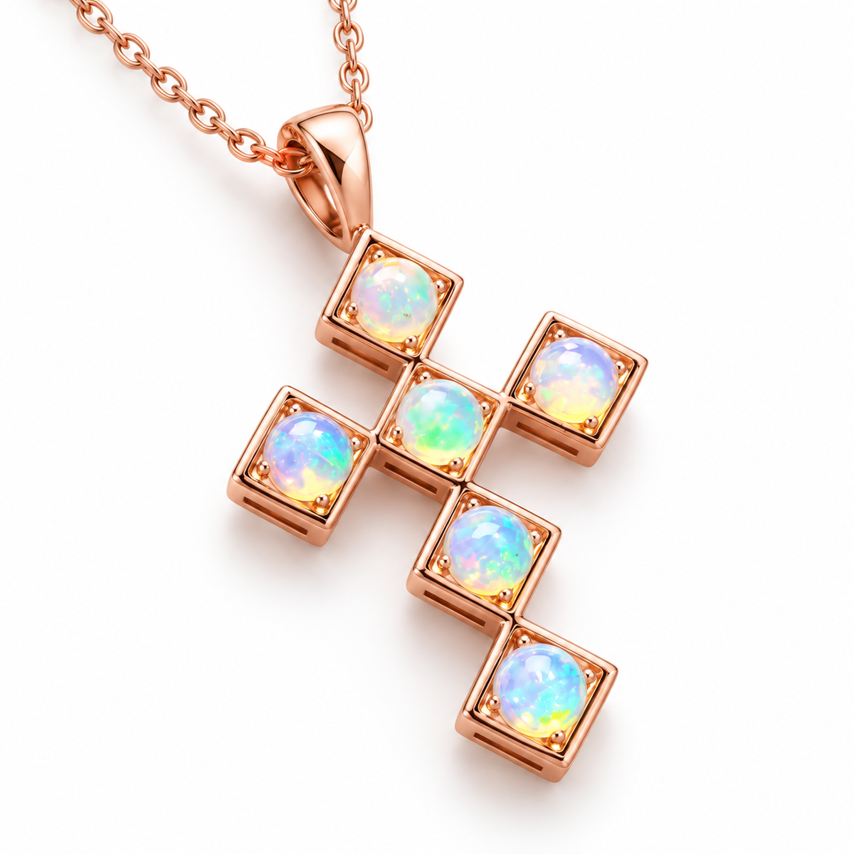 Natural 4mm fire opal cross pendant necklace with rose gold plated sterling silver setting