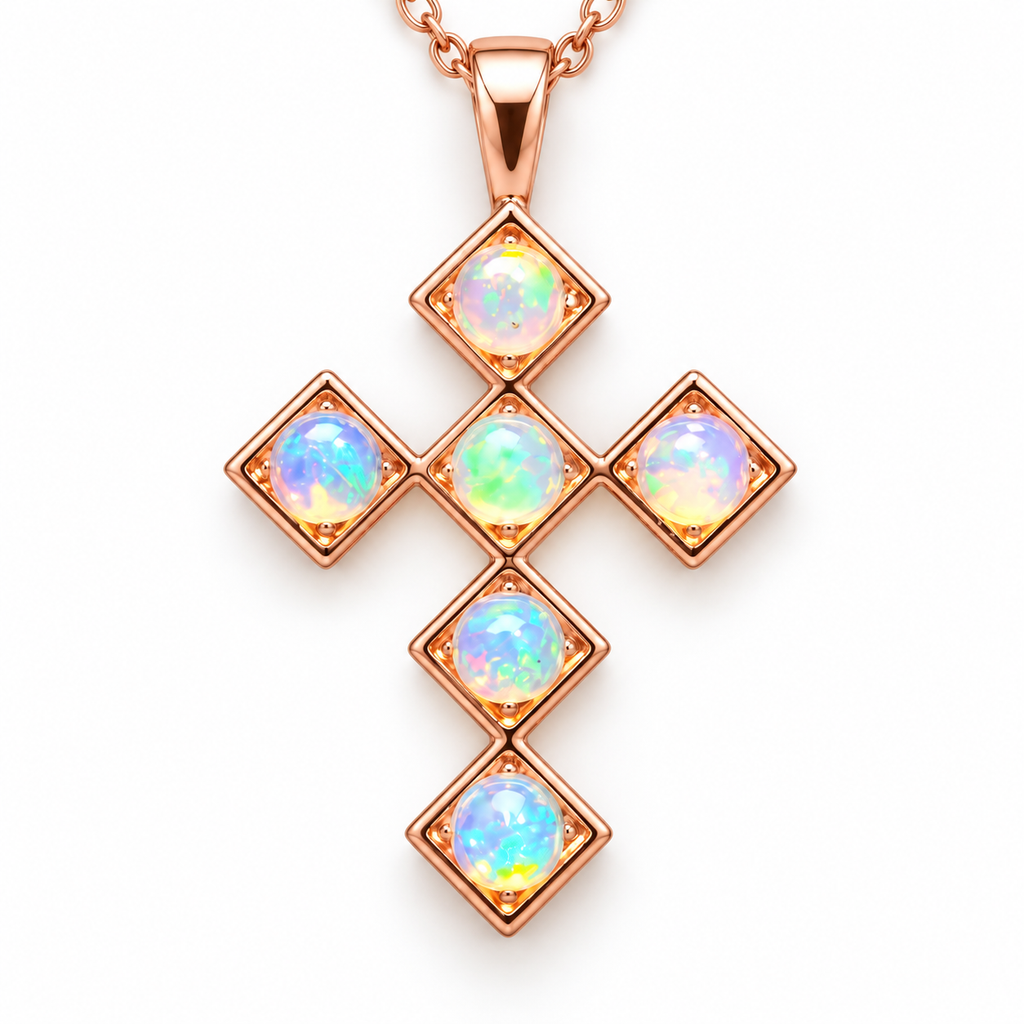 Close-up of five round 4mm natural fire opals in a geometric cross pendant