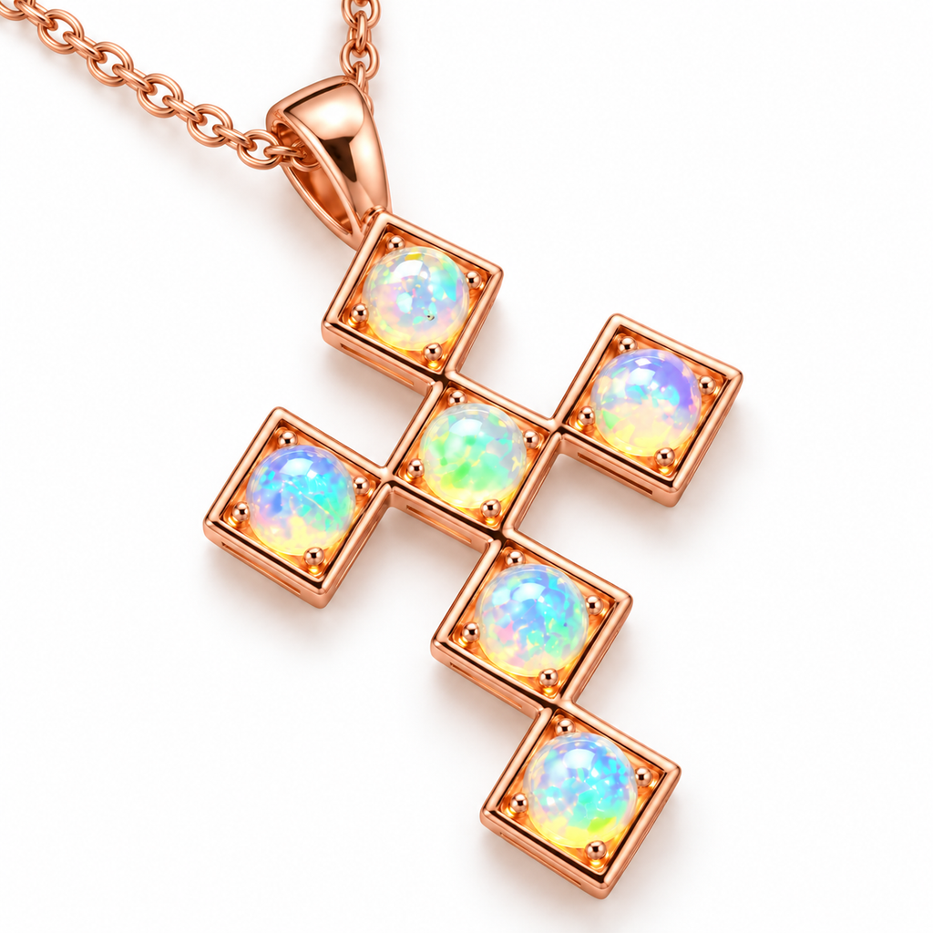 Natural fire opal cross necklace showing colorful green blue pink and yellow play-of-color