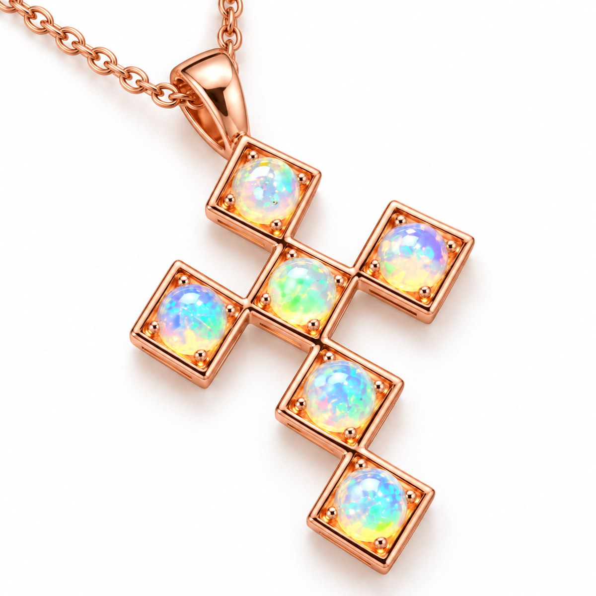Natural fire opal cross necklace showing colorful green blue pink and yellow play-of-color