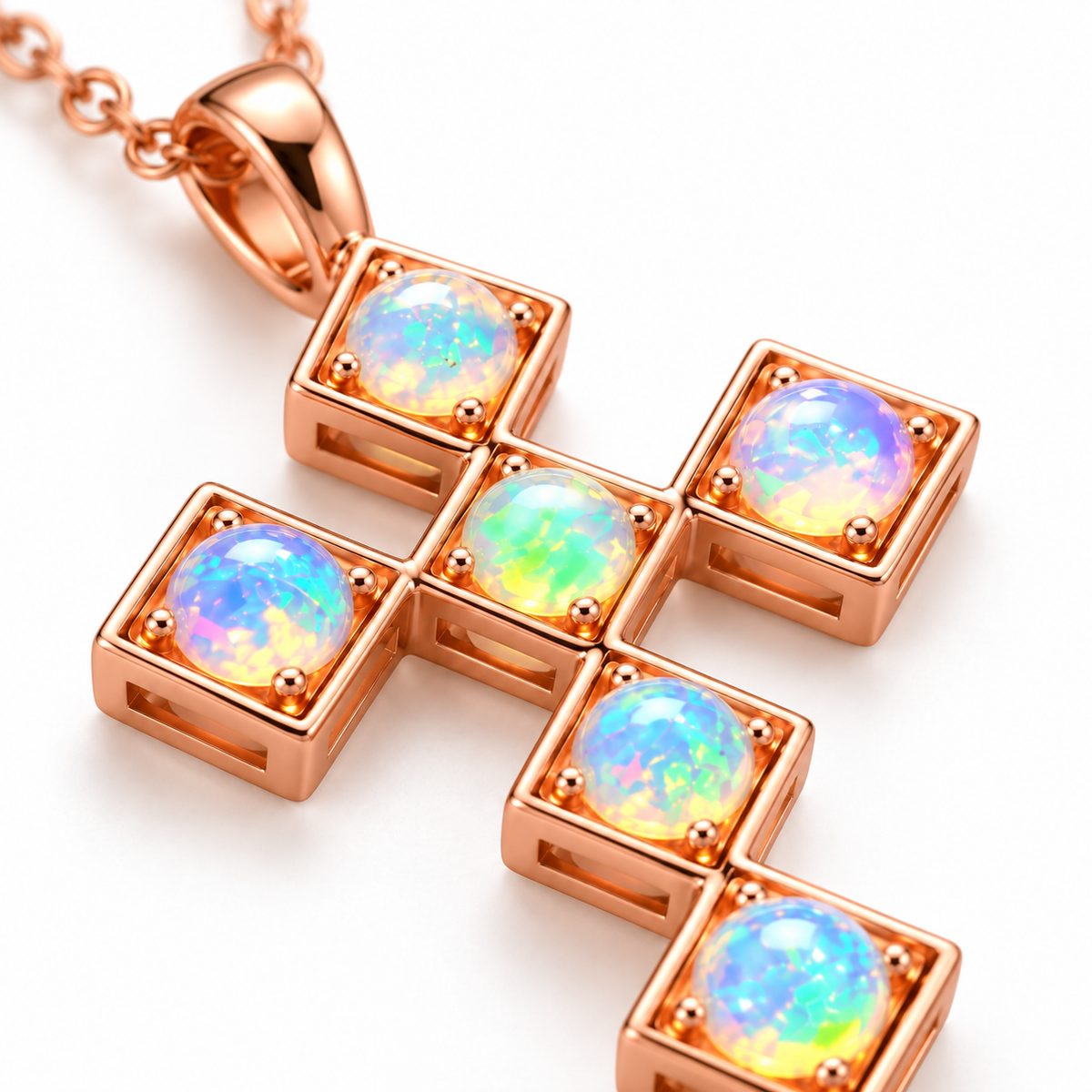 Detailed view of 4mm round fire opal gemstones in a rose gold plated cross necklace