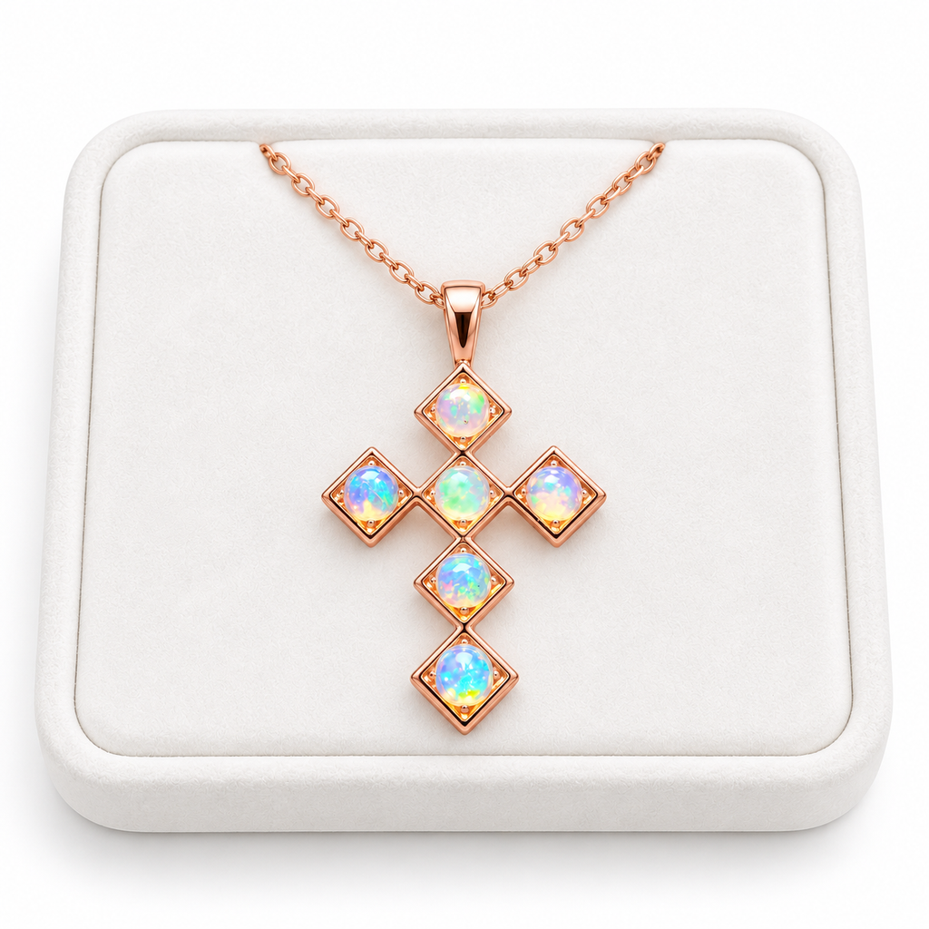 Natural fire opal cross necklace displayed on a white velvet jewelry tray