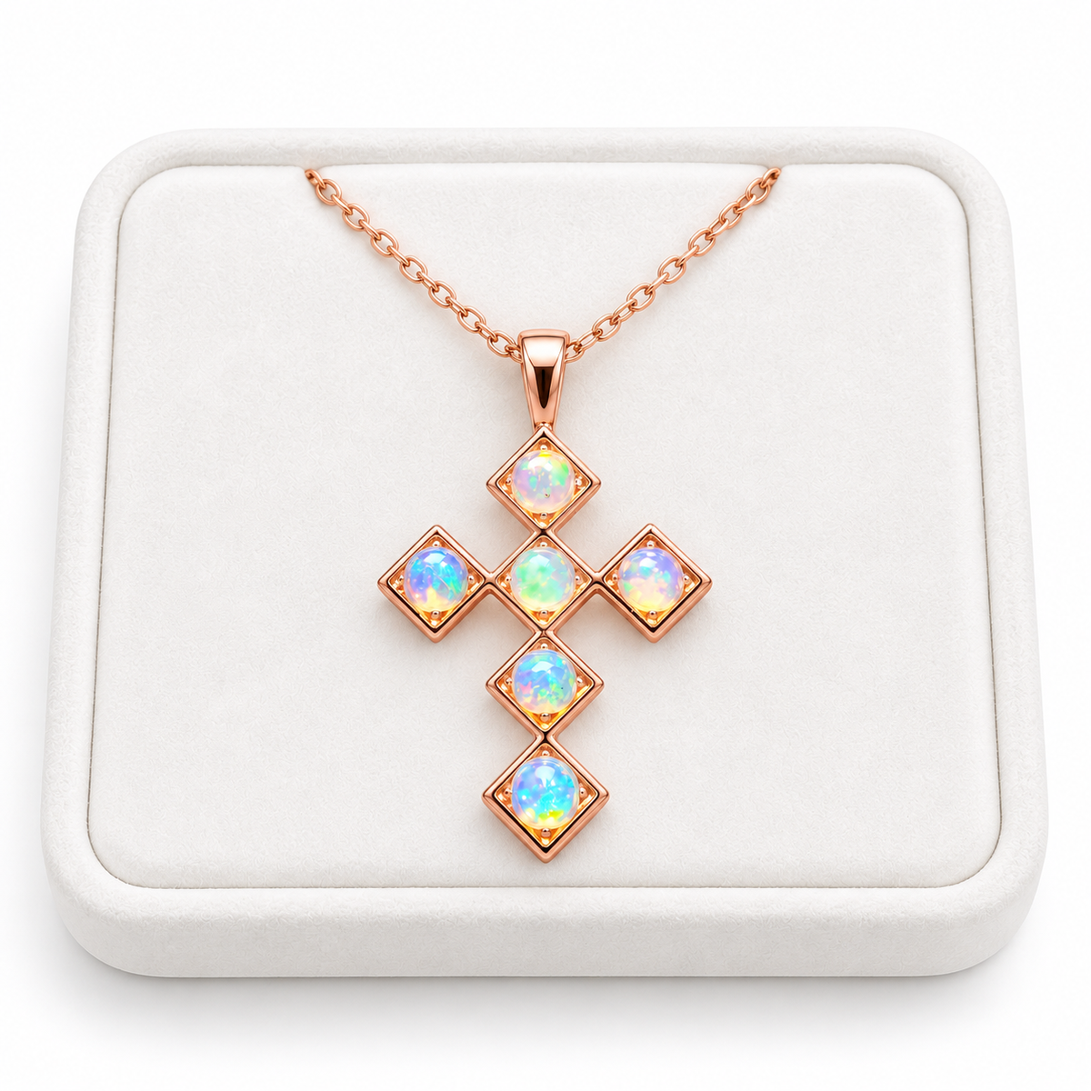 Natural fire opal cross necklace displayed on a white velvet jewelry tray