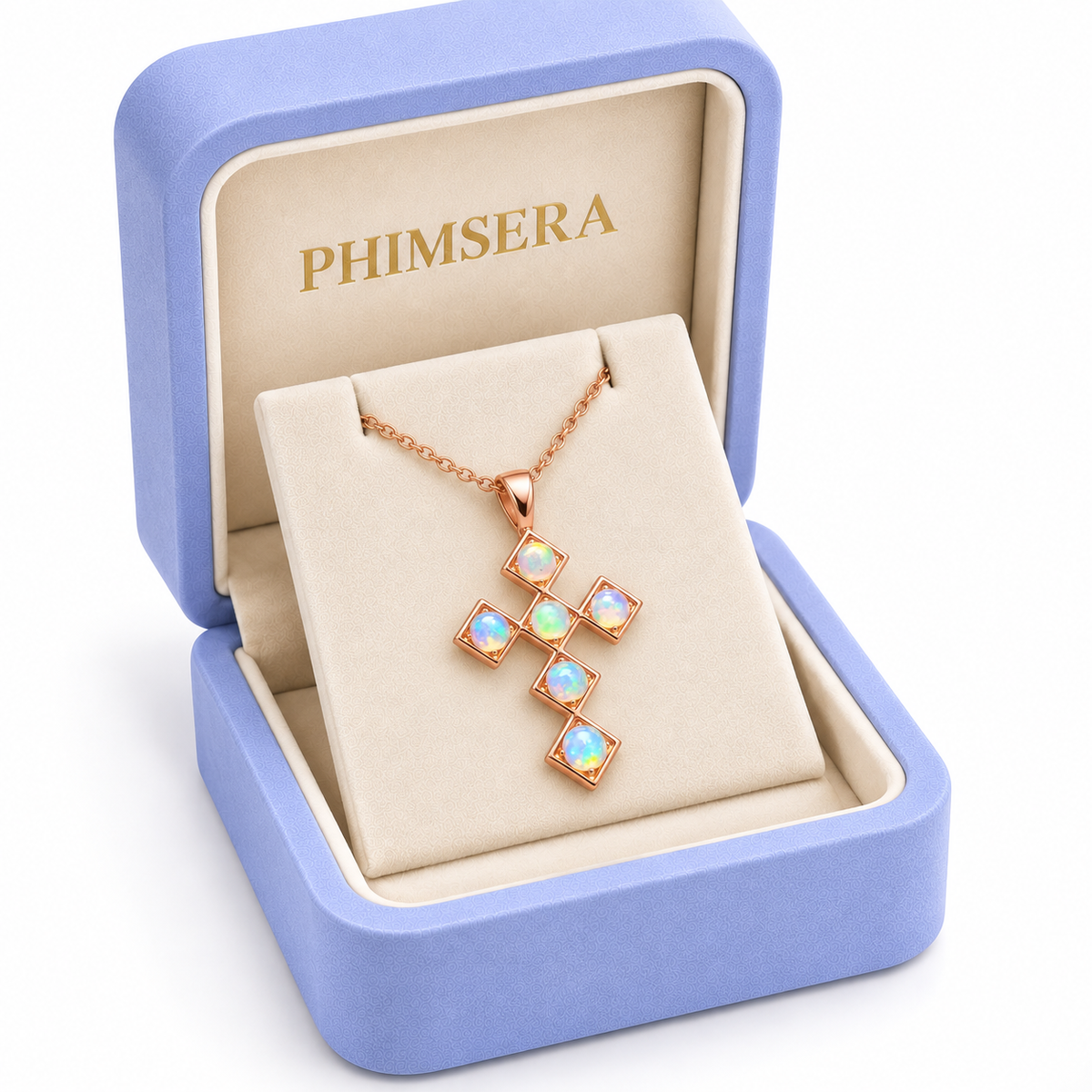 Phimsera natural fire opal cross necklace presented in a jewelry gift box