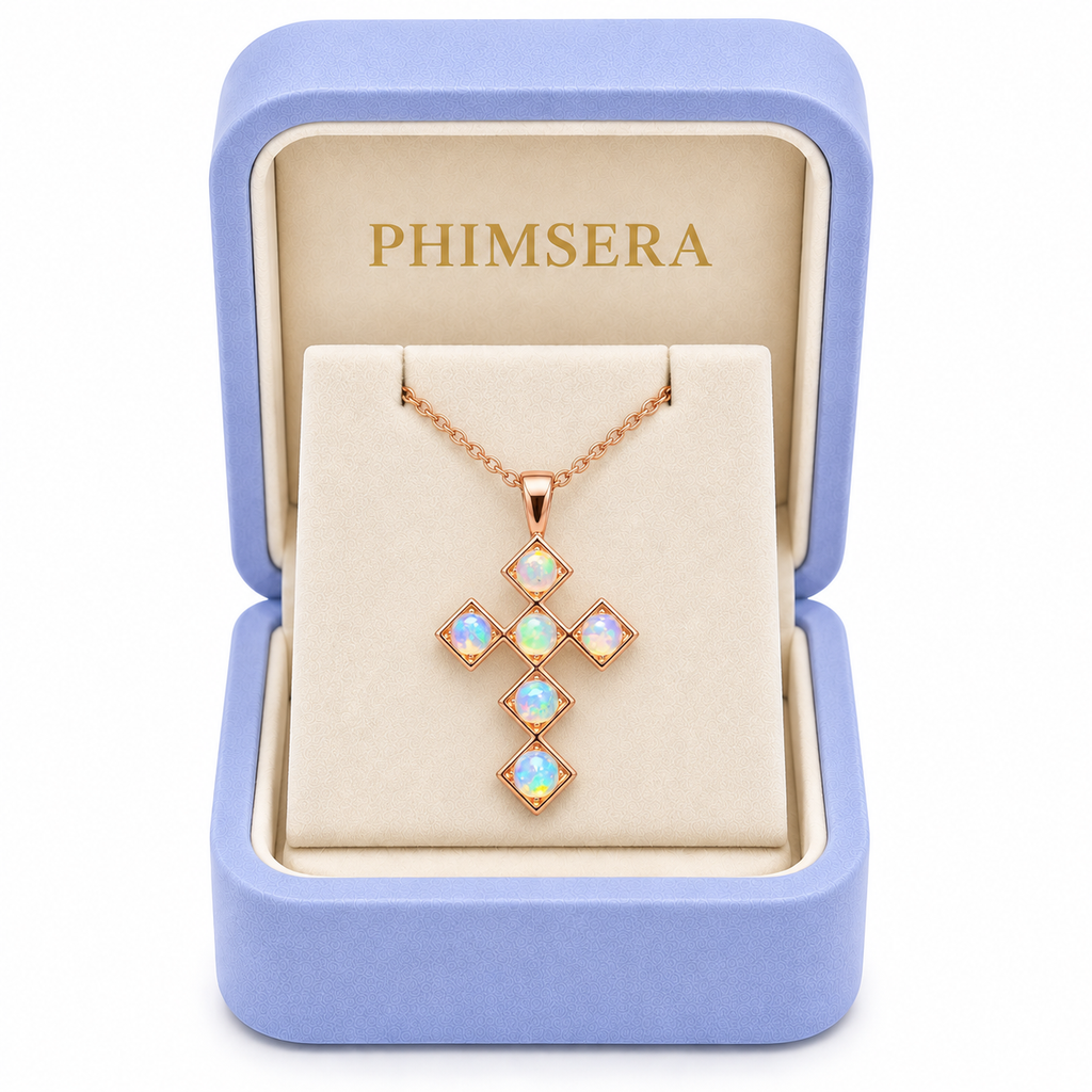 Phimsera natural fire opal cross necklace presented in a jewelry gift box