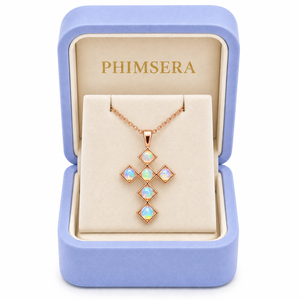Phimsera natural fire opal cross necklace presented in a jewelry gift box