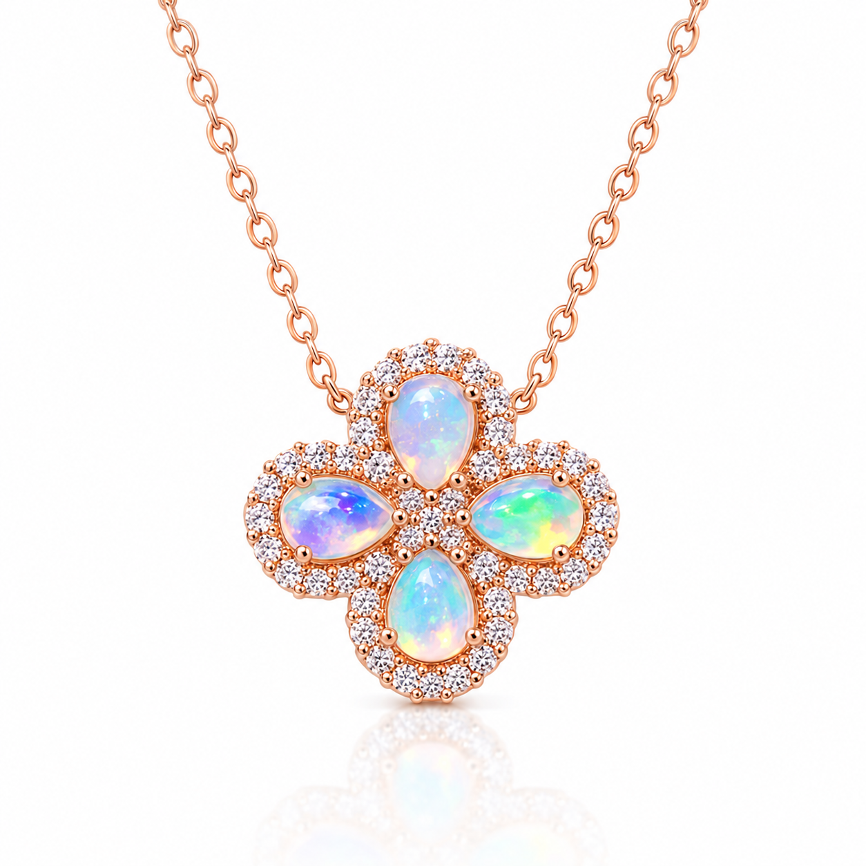 Natural fire opal floral cluster necklace with four 3x4mm multicolor fire opal gemstones in rose gold plated 925 sterling silver