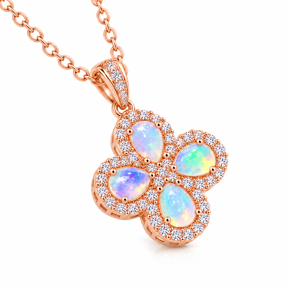 Close angled view of Phimsera natural fire opal floral necklace featuring four 3x4mm gemstones with colorful iridescent play-of-color