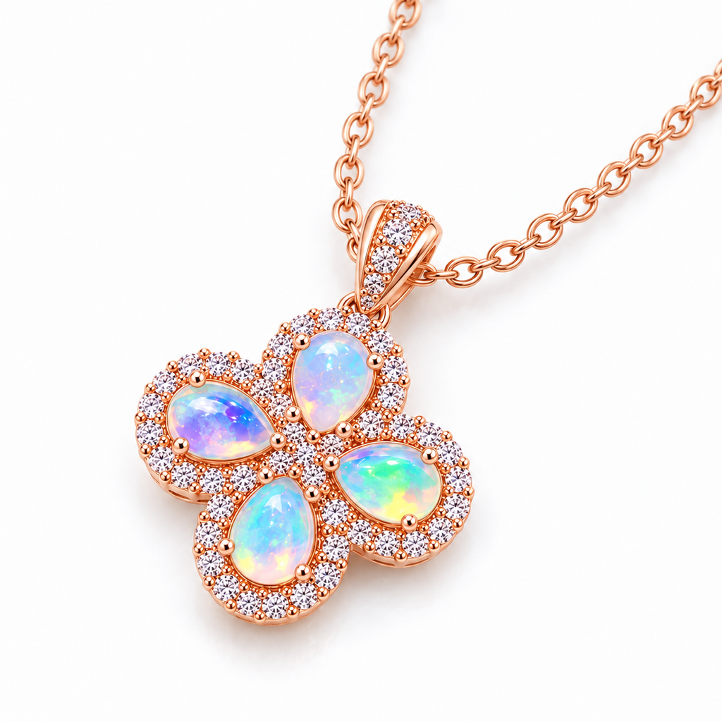 Natural fire opal gemstone necklace displayed in a floral four-stone cluster design with rose gold plated 925 sterling silver