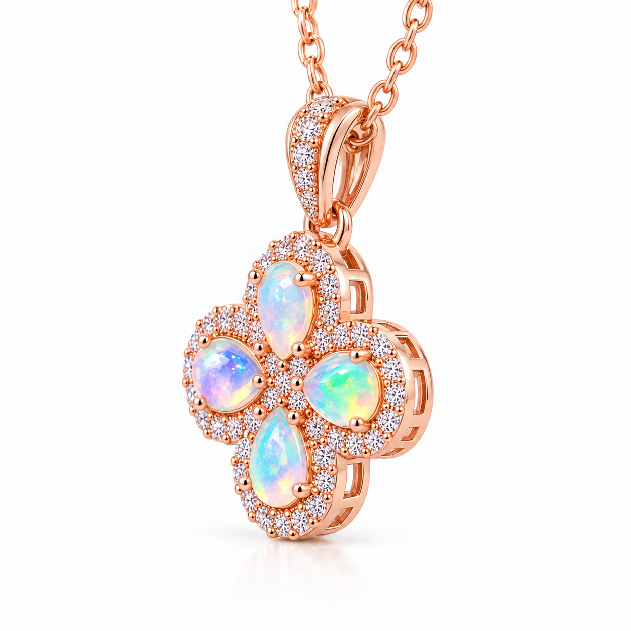Side angle of natural fire opal floral cluster pendant necklace showing the four 3x4mm gemstones and rose gold setting