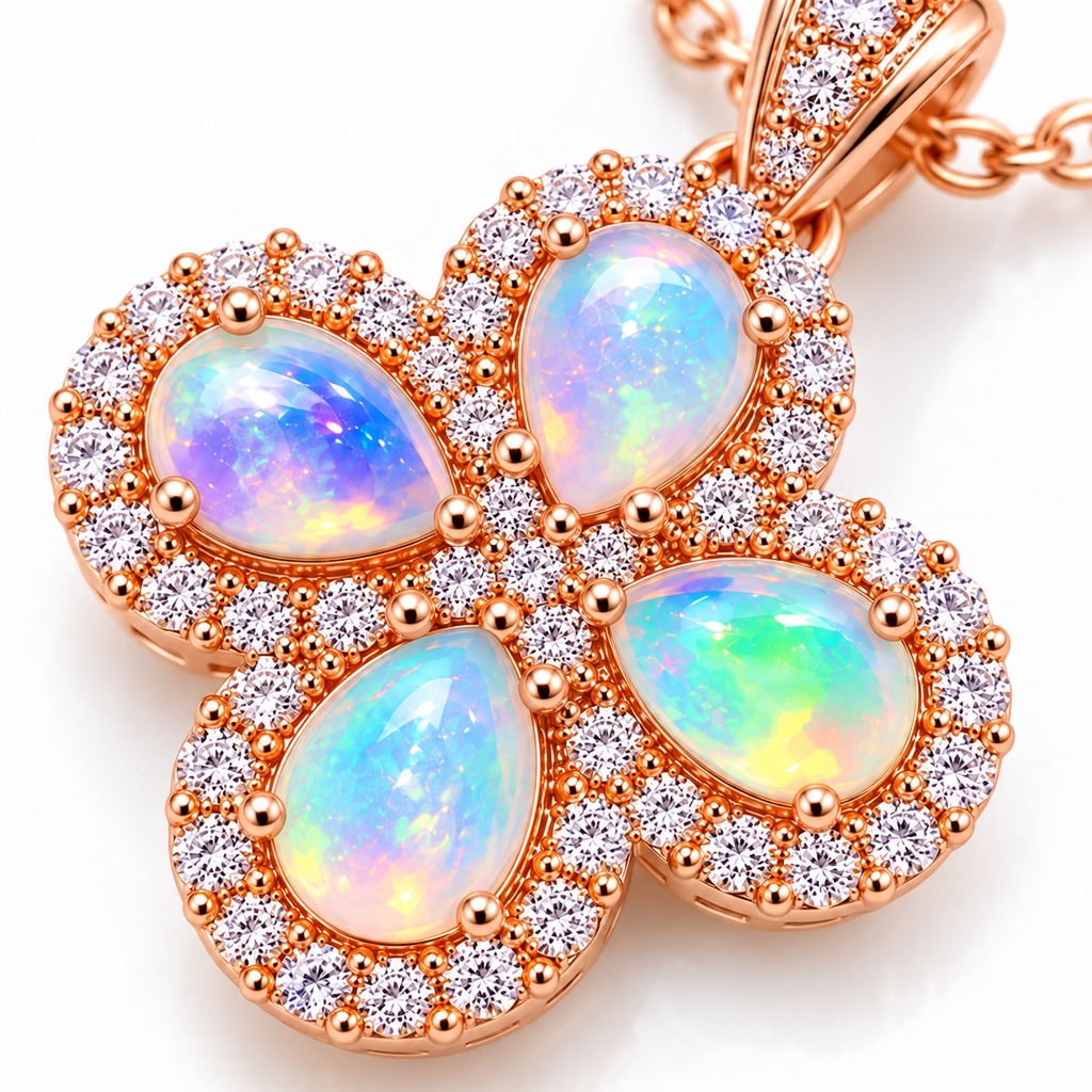 Macro detail of four 3x4mm natural fire opal gemstones with multicolor blue green pink purple and golden flashes