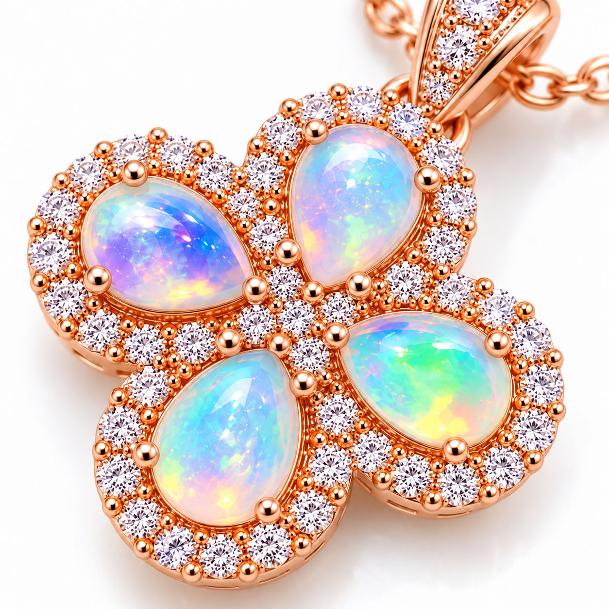 Macro detail of four 3x4mm natural fire opal gemstones with multicolor blue green pink purple and golden flashes