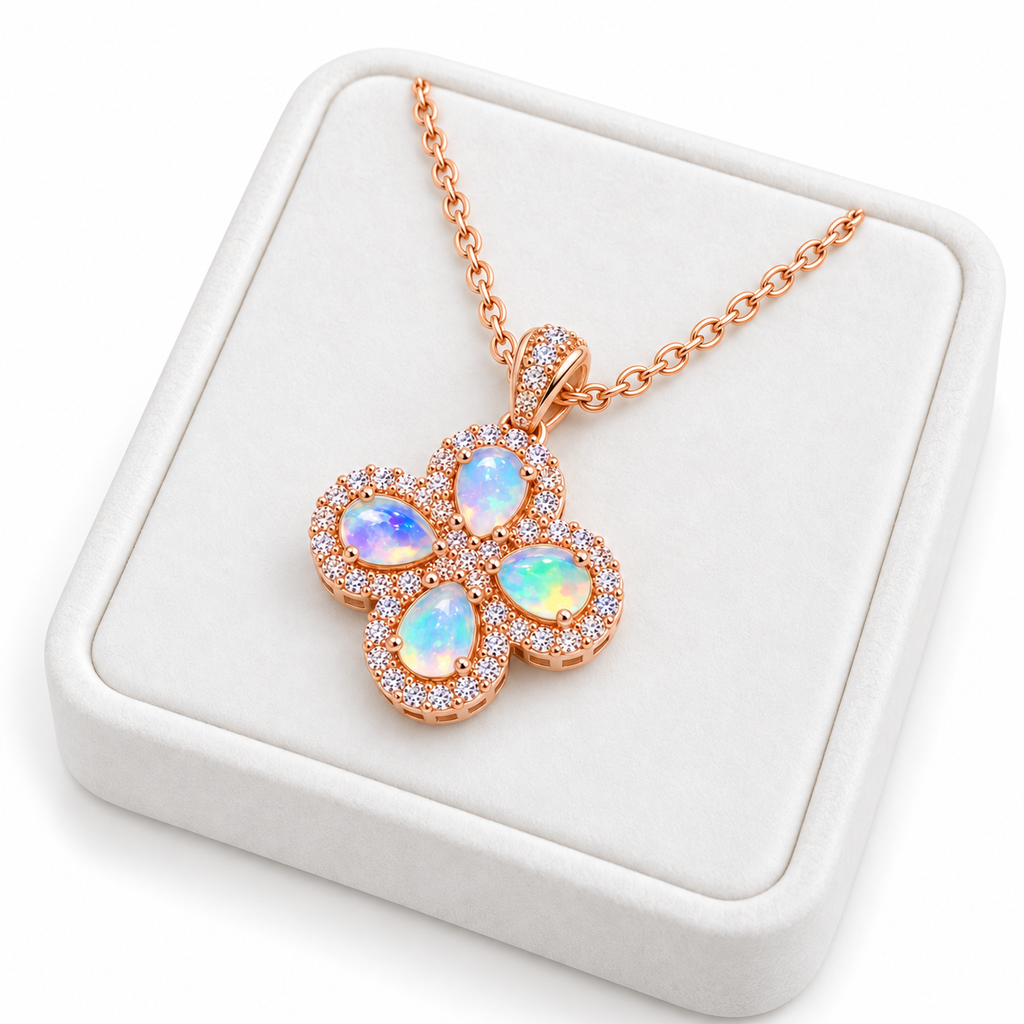 Natural fire opal floral cluster necklace displayed on a white velvet jewelry tray against a clean white background