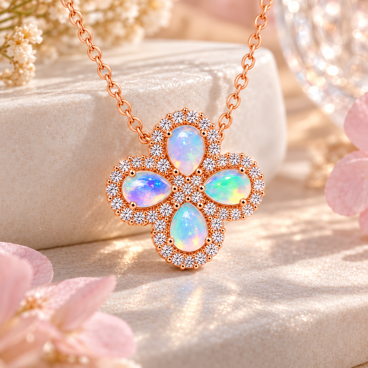 Natural Fire Opal Floral Cluster Necklace with 3x4mm Gemstones | 925 Sterling Silver | Rose Gold Plated