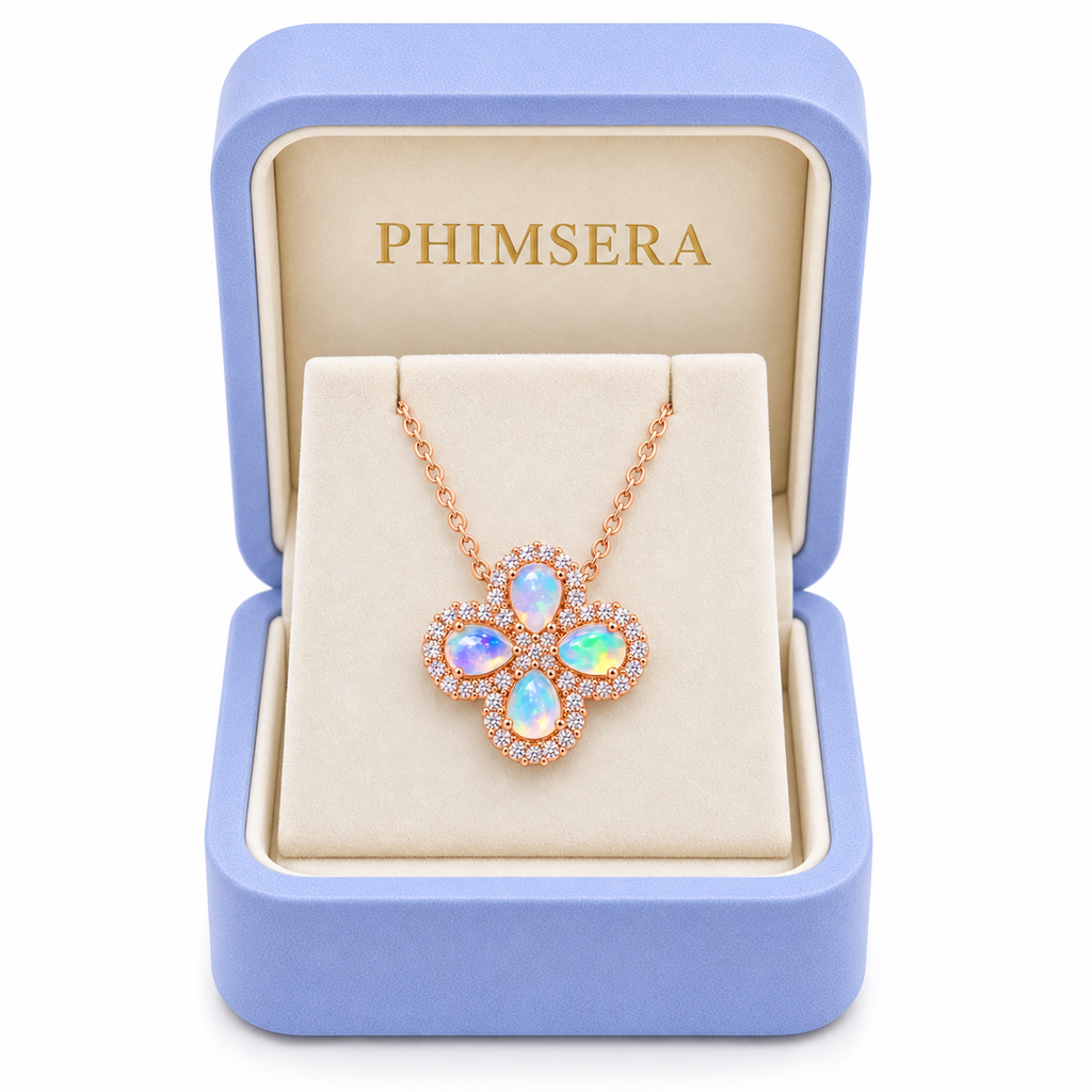 Natural fire opal floral cluster necklace presented in a Phimsera jewelry box with rose gold plated pendant and gemstone details