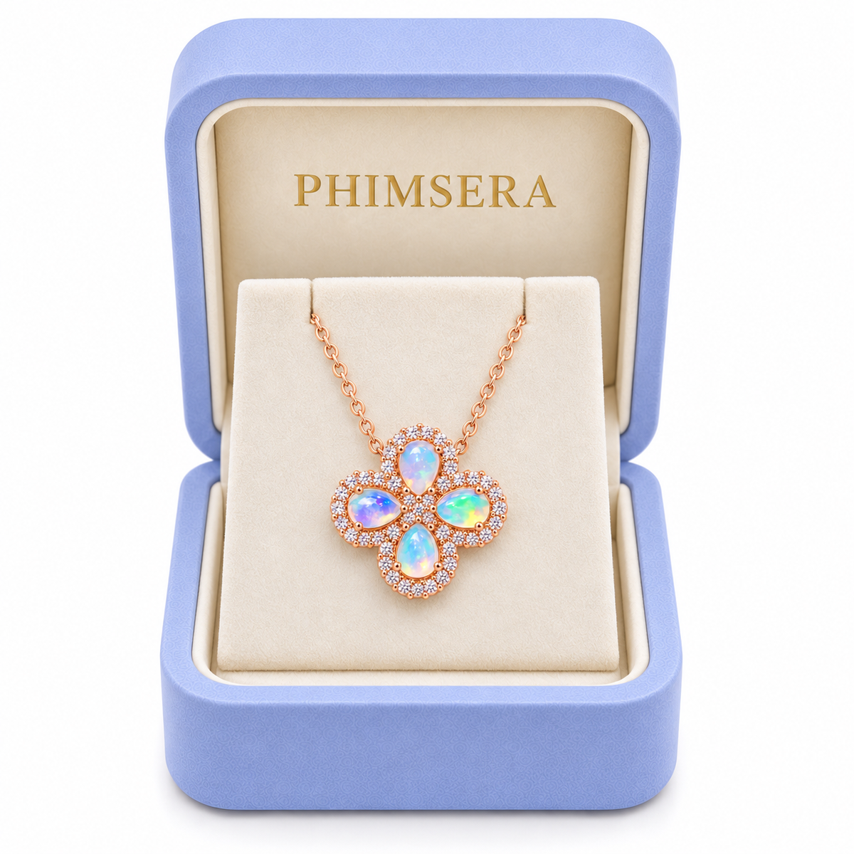 Natural fire opal floral cluster necklace presented in a Phimsera jewelry box with rose gold plated pendant and gemstone details