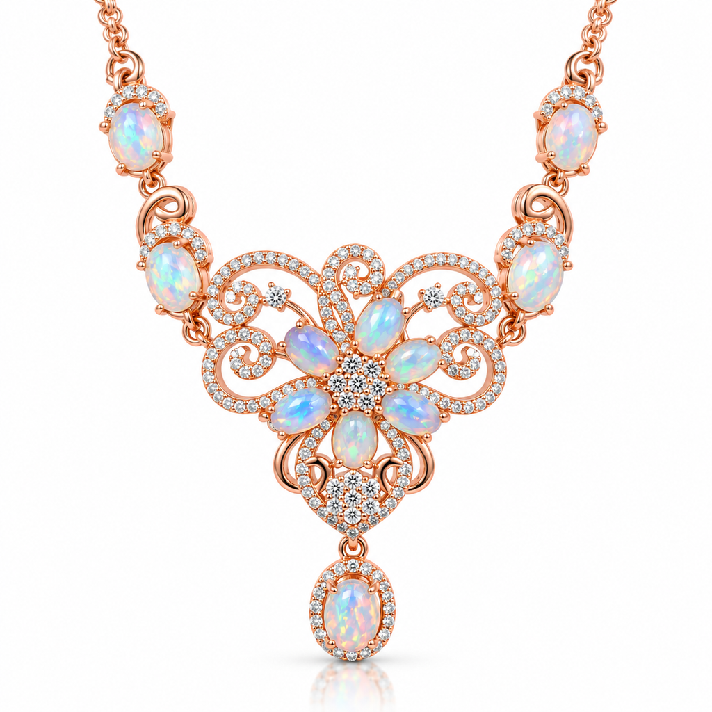 Natural Australian opal necklace with 4x6mm and 5x7mm gemstones in an ornate floral design