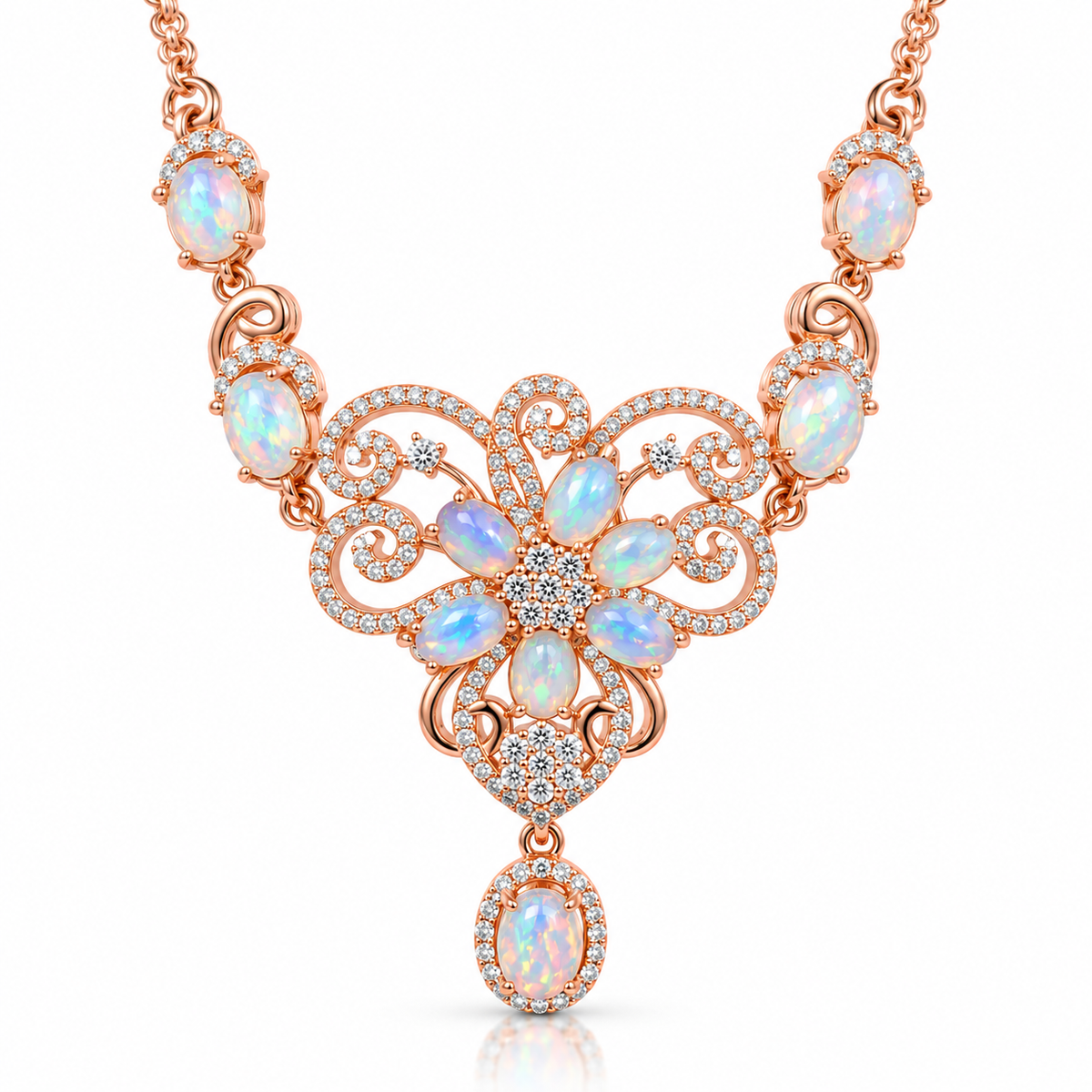 Natural Australian opal necklace with 4x6mm and 5x7mm gemstones in an ornate floral design