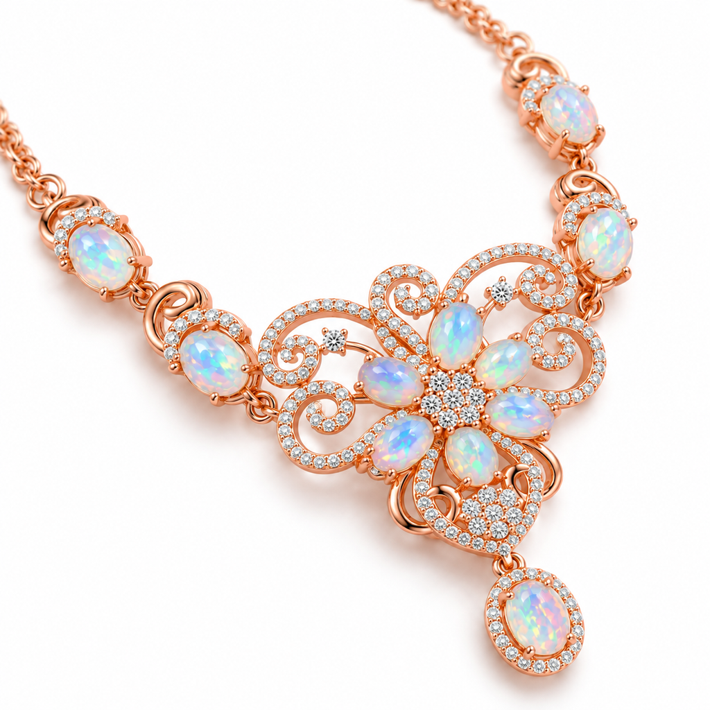 Natural Australian opal pendant necklace with colorful play-of-color and rose gold detailing