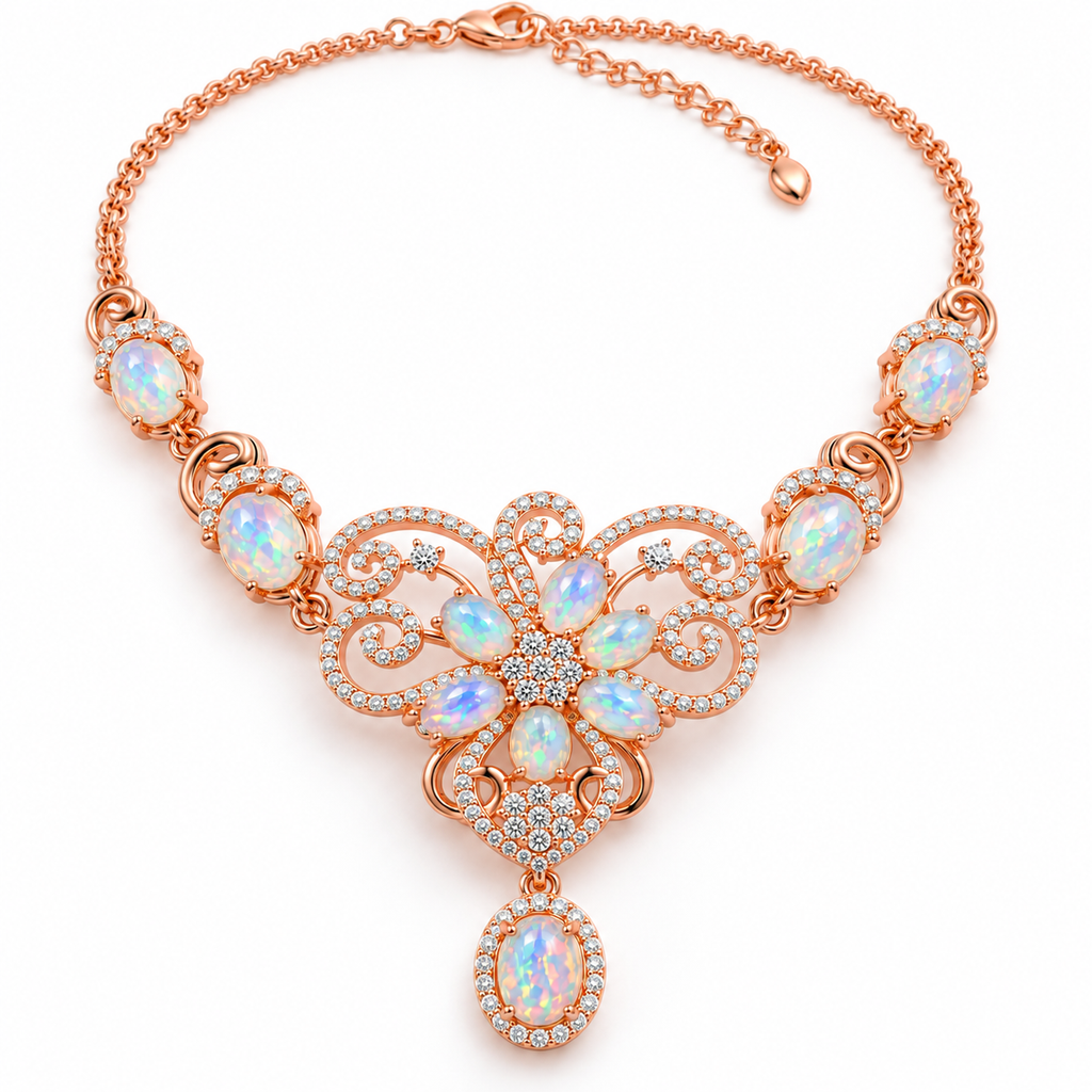 Natural Australian opal necklace featuring multiple oval opal gemstones and intricate floral scrollwork