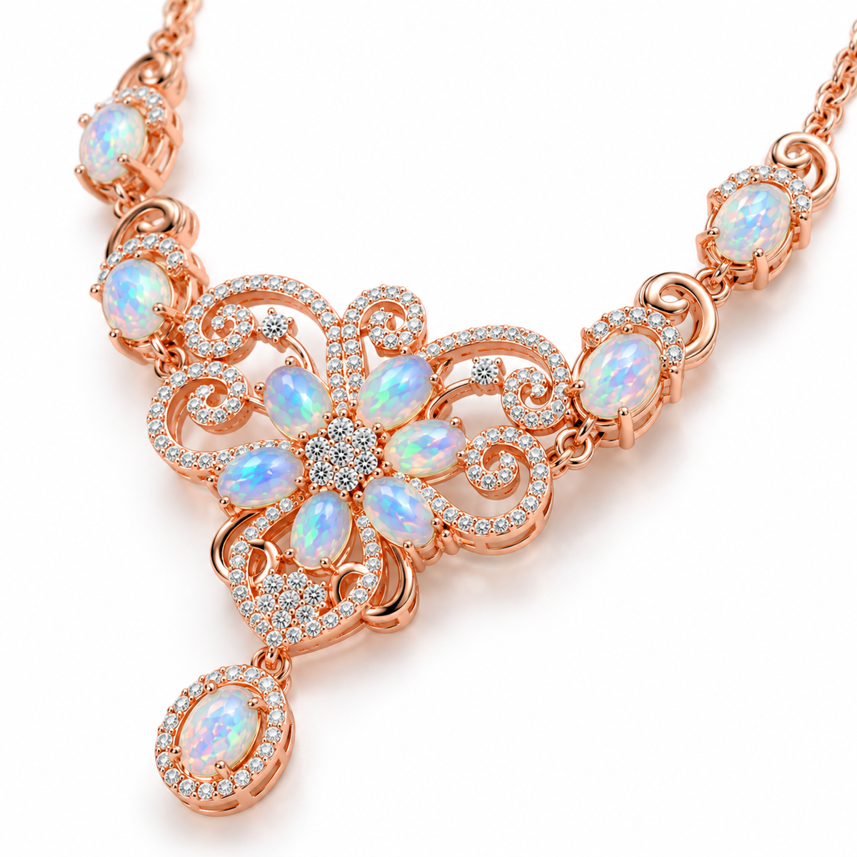 Rose gold natural Australian opal necklace with colorful gemstones and sparkling accent stones