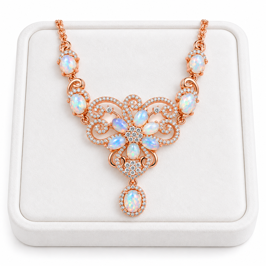 Natural Australian opal floral necklace displayed on a white velvet jewelry tray