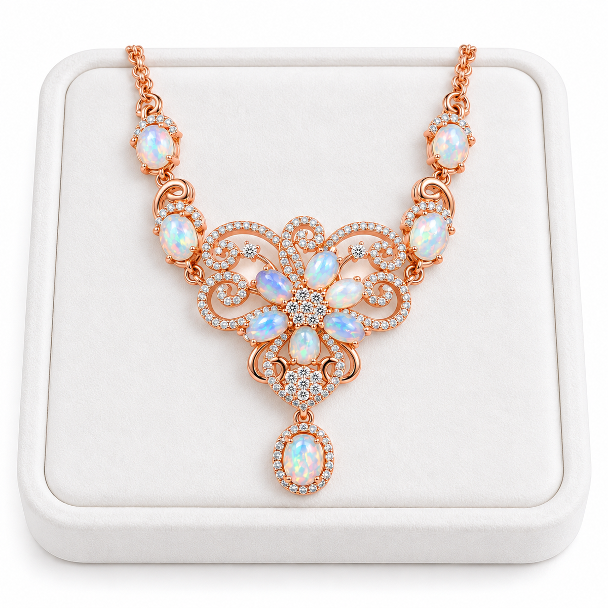 Natural Australian opal floral necklace displayed on a white velvet jewelry tray