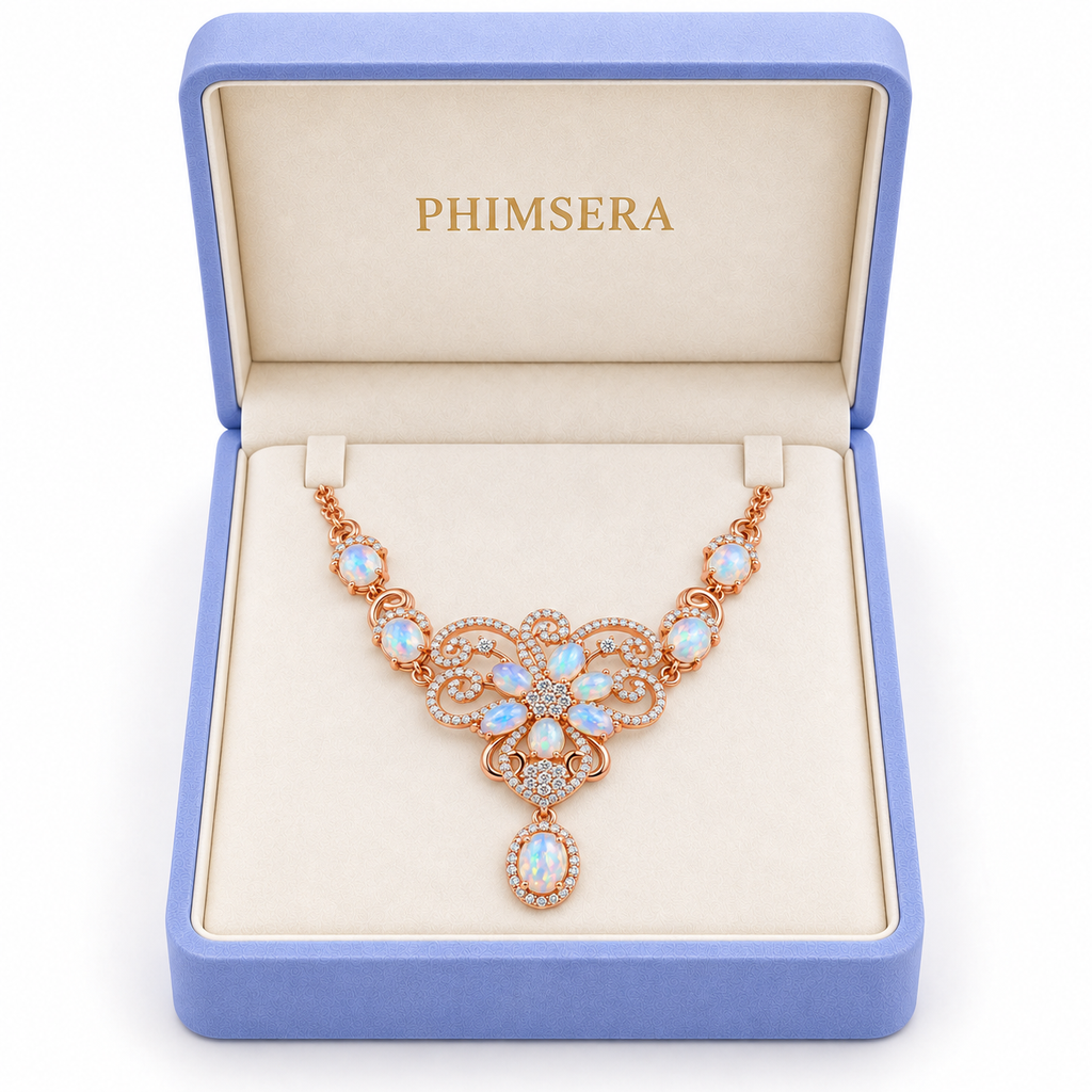 Phimsera natural Australian opal necklace presented in a jewelry gift box