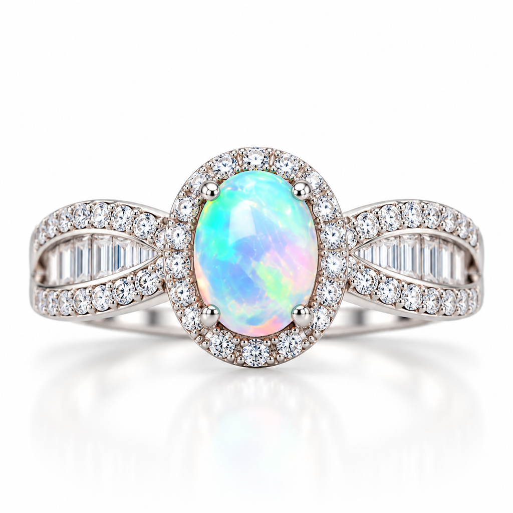 Natural 5x7mm oval fire opal ring with clear halo and crossover band in sterling silver