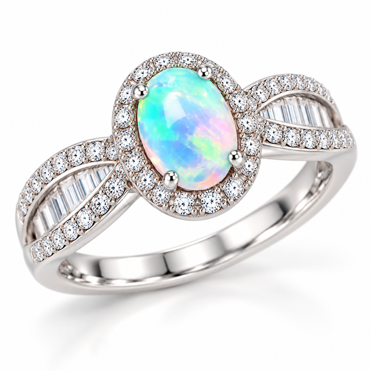 5x7mm natural fire opal ring shown from an angled view with halo and split crossover band