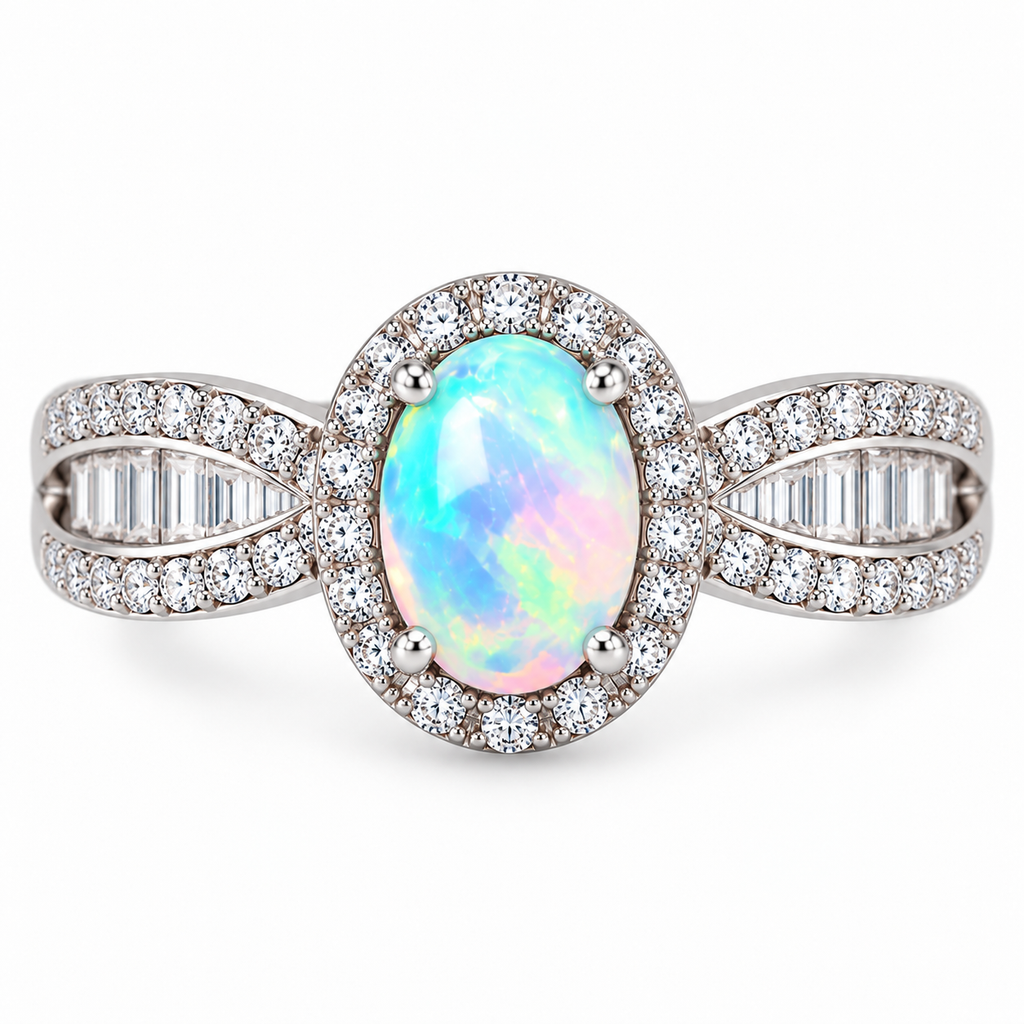 Oval 5x7mm fire opal ring with colorful play-of-color and detailed sterling silver halo