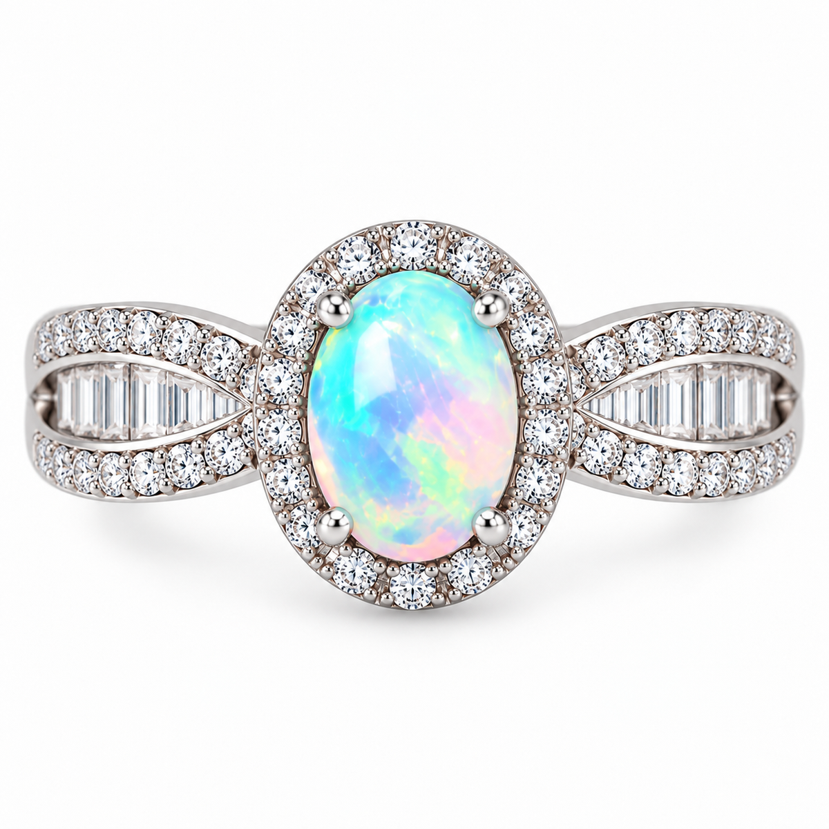 Oval 5x7mm fire opal ring with colorful play-of-color and detailed sterling silver halo