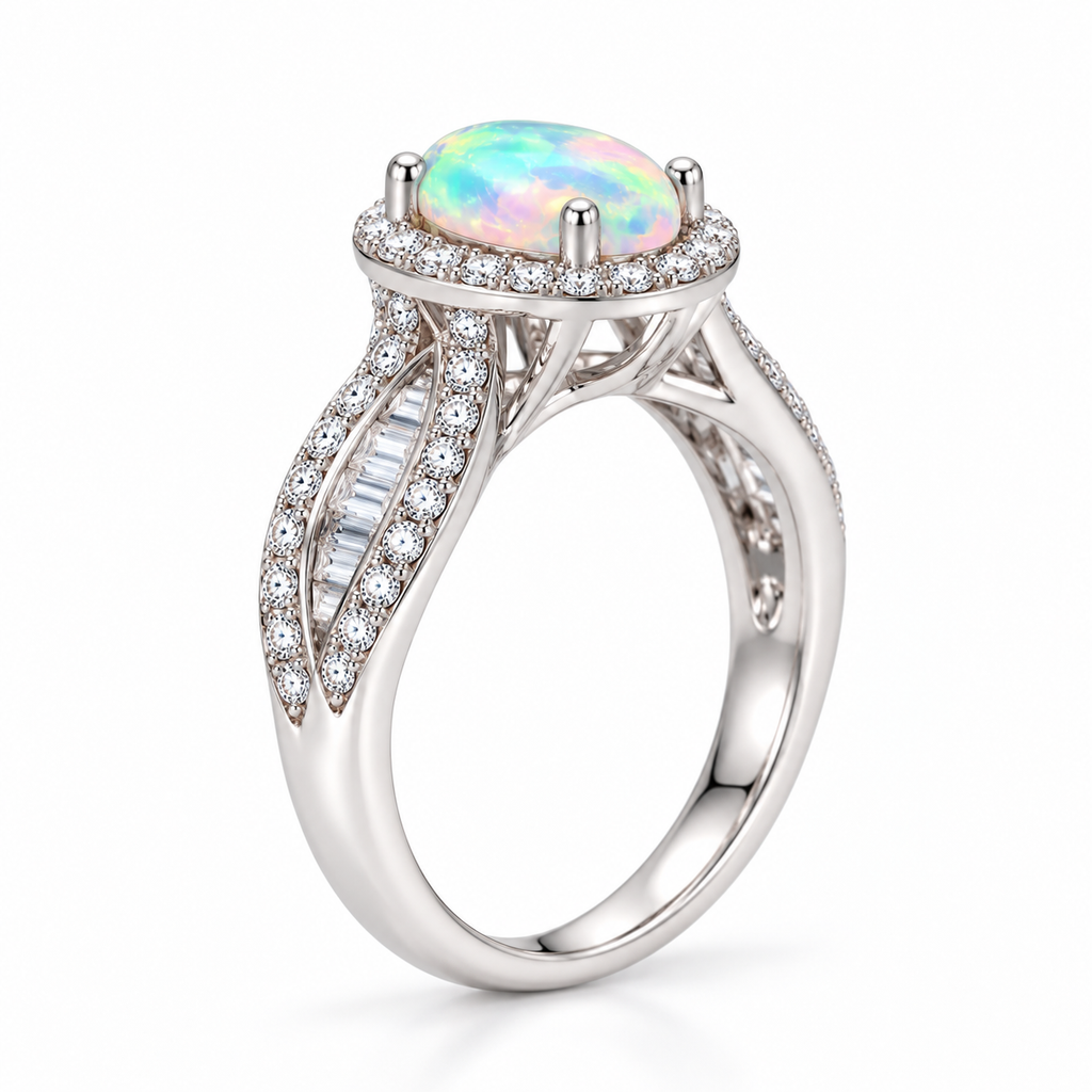 Side view of 5x7mm natural fire opal ring showing raised oval setting and crossover shoulders