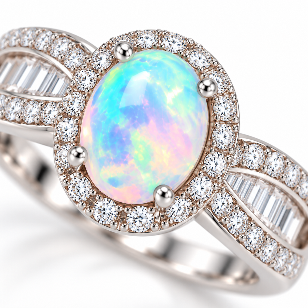 Macro view of 5x7mm natural fire opal ring showing colorful opal play-of-color and halo details