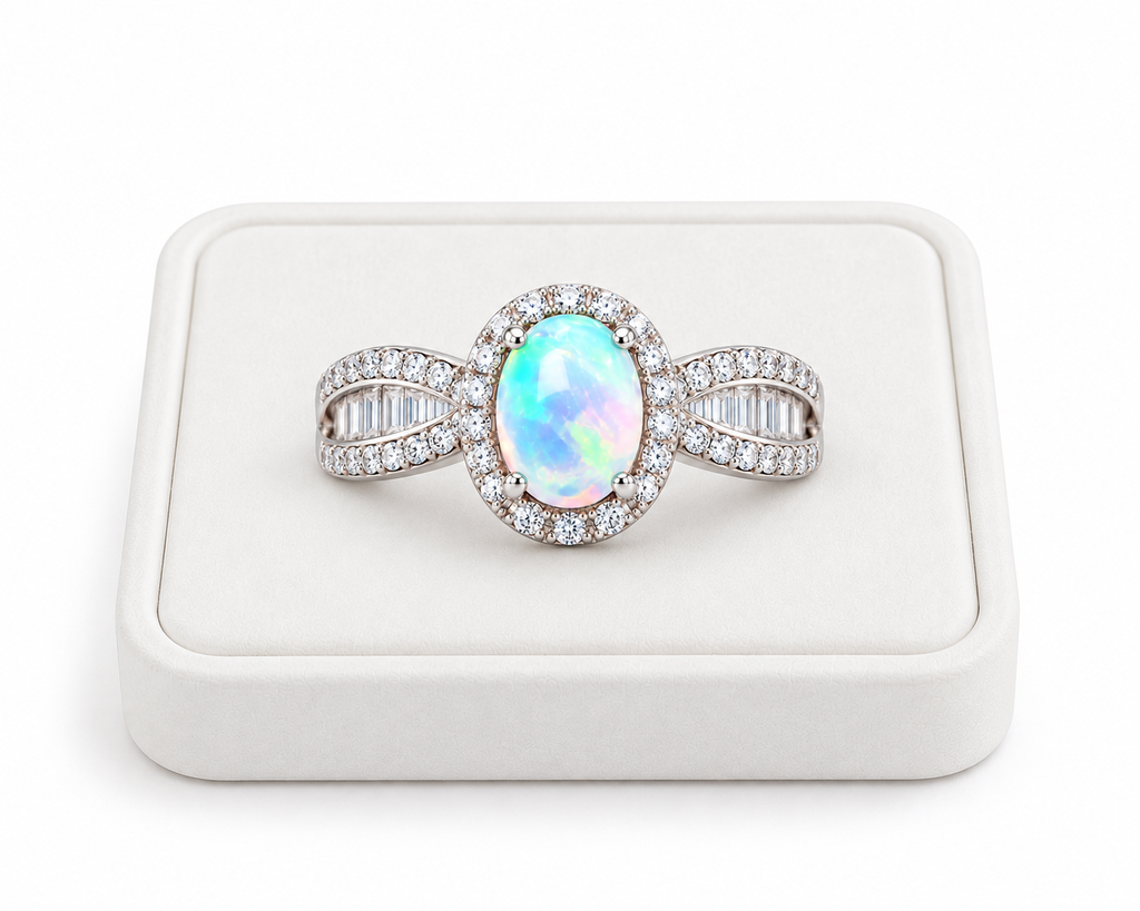 5x7mm natural fire opal ring displayed on a white velvet jewelry tray
