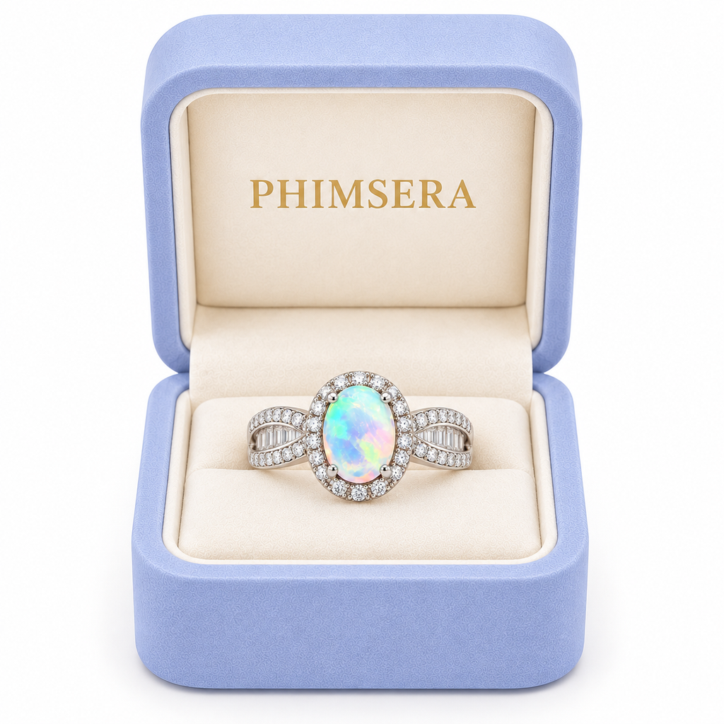 5x7mm natural fire opal ring presented in a Phimsera jewelry gift box