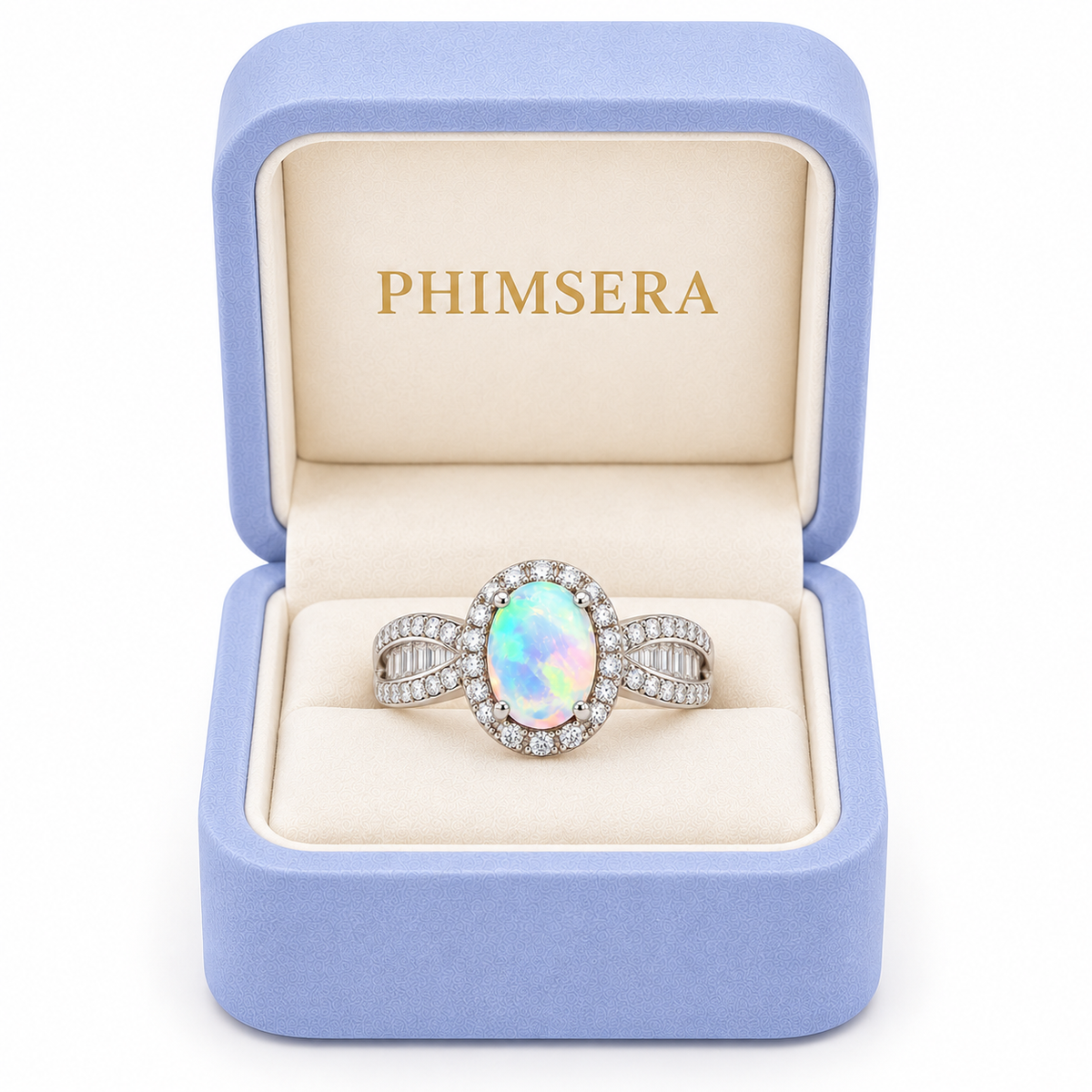 5x7mm natural fire opal ring presented in a Phimsera jewelry gift box