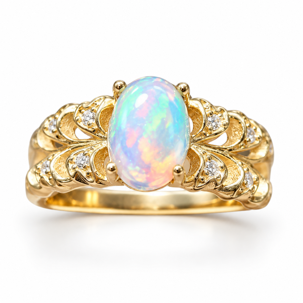 Natural 6x8mm oval fire opal ring in gold plated 925 sterling silver with ornate filigree
