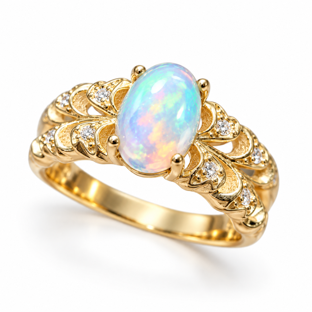 6x8mm natural fire opal ring shown at an elegant three-quarter angle with ornate filigree