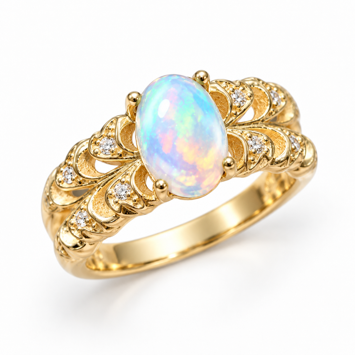 Natural oval fire opal ring 6x8mm with detailed botanical-inspired sterling silver setting