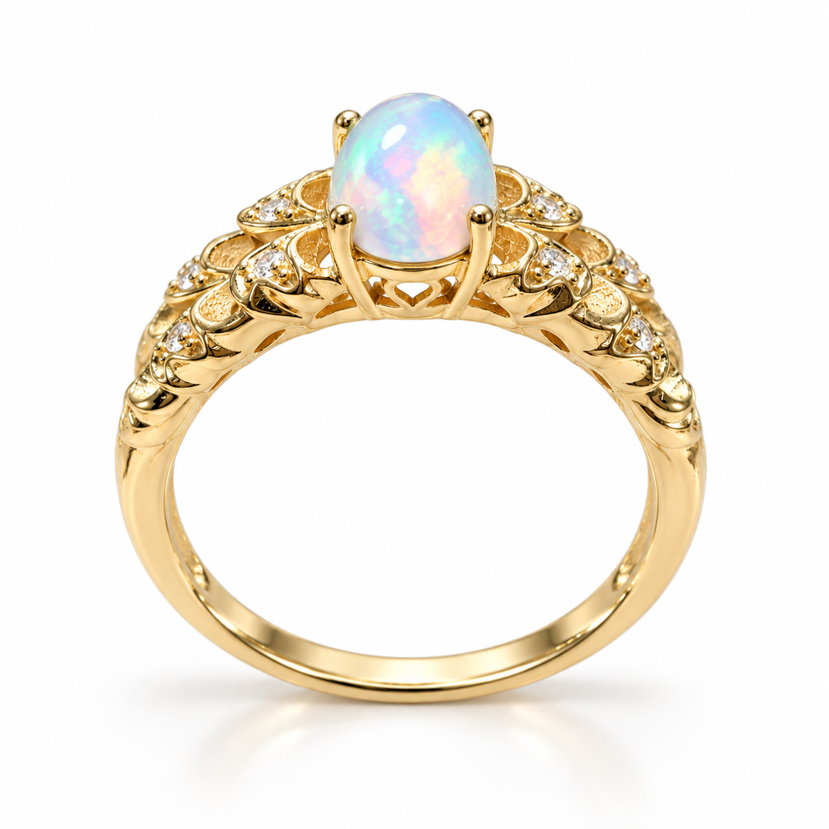 Side view of 6x8mm fire opal ring showing raised oval gemstone and detailed filigree setting